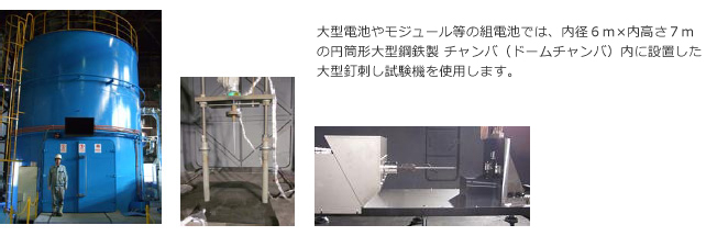 大型電池やモジュール等の組電池では、内径6m×内高さ7mの円筒形大型鋼鉄製 チャンバ(ドームチャンバ)内に設置した大型釘刺し試験機を使用します。